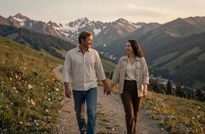 Western man and Kazakh woman walking hand in hand on a scenic mountain trail near Almaty with Tian Shan peaks in background