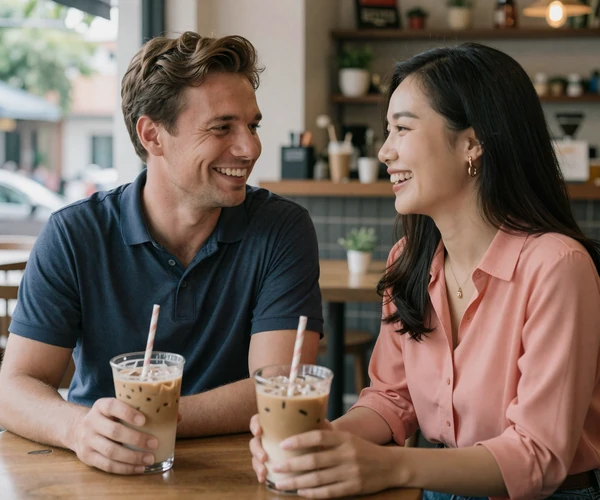 Western man and Vietnamese woman laughing together at a cozy Vietnamese coffee shop over iced coffee