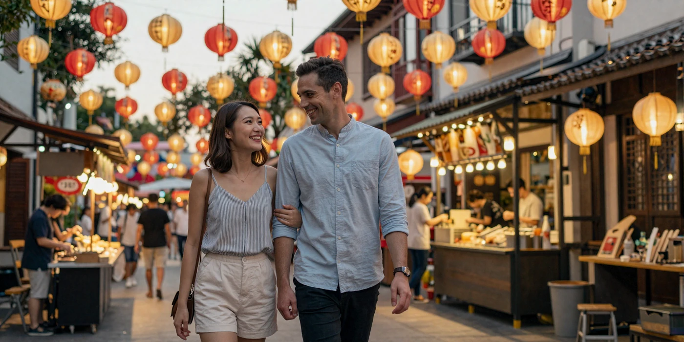 Happy interracial couple walking through an Asian night market with glowing lanterns