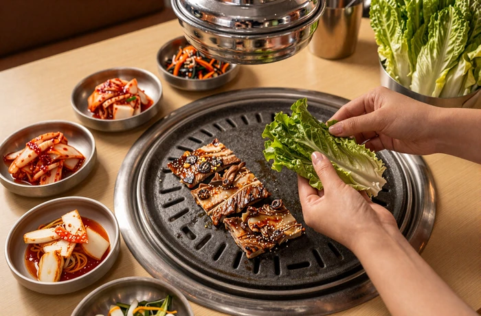 Beautifully arranged Korean BBQ table with banchan dishes and sizzling galbi in a cozy Seoul restaurant