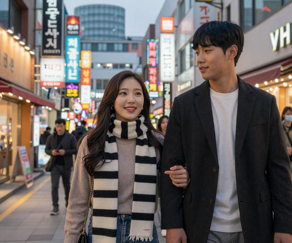 Korean couple walking through Myeongdong shopping district in Seoul wearing matching scarves at dusk