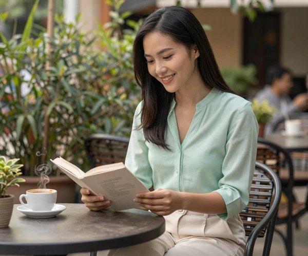 Vietnamese woman reading at an outdoor garden cafe with Vietnamese egg coffee in Hanoi