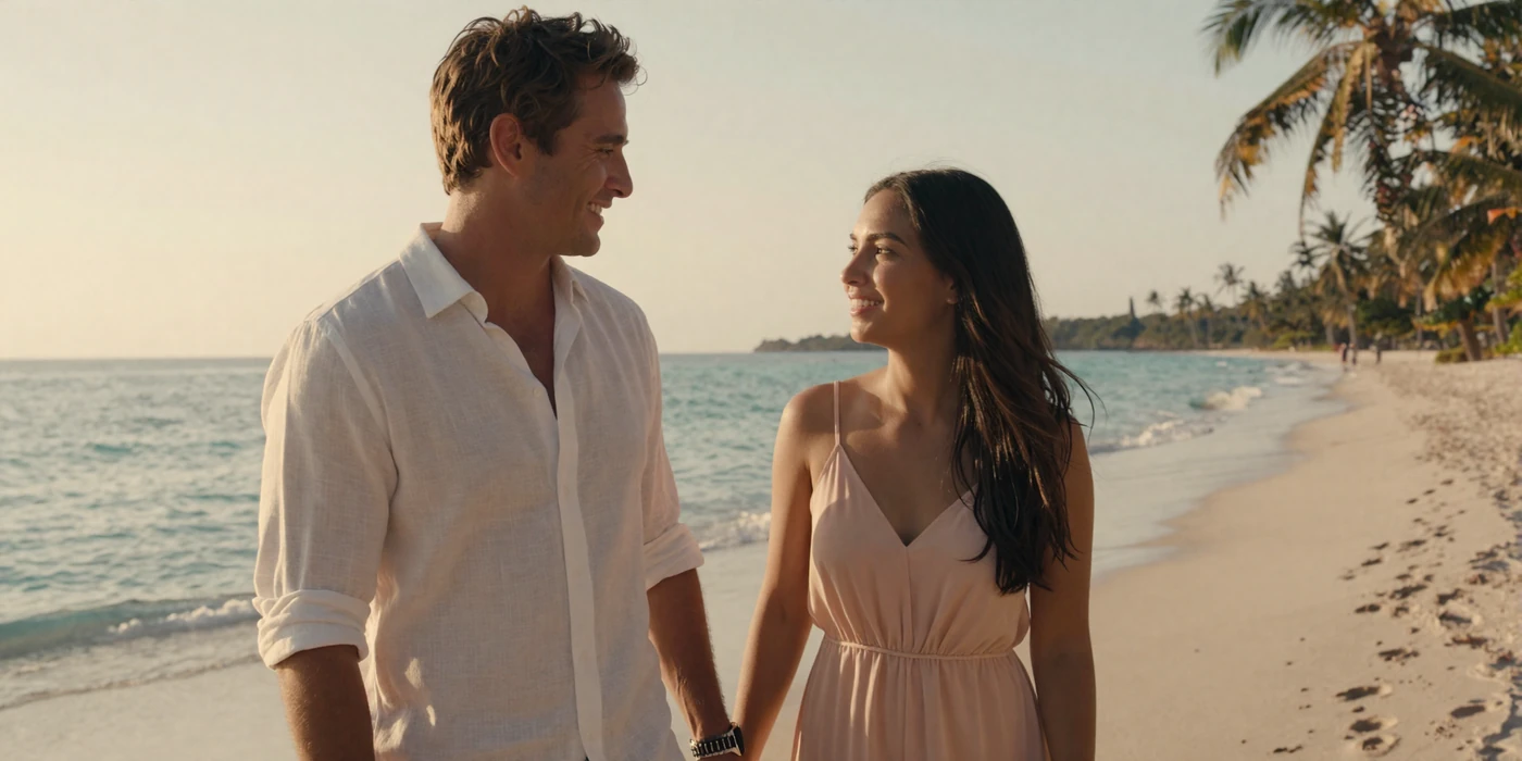 Happy interracial couple enjoying a sunset beach walk together