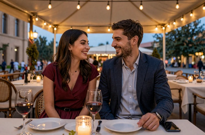 Western man and Armenian woman enjoying a romantic dinner at an outdoor restaurant in Yerevan Republic Square at twilight