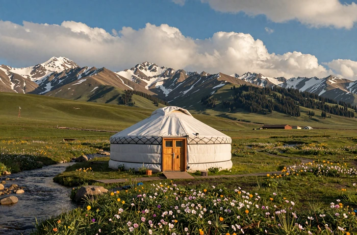Traditional Kyrgyz yurt on a jailoo alpine meadow with Tian Shan mountains and wildflowers in warm afternoon light
