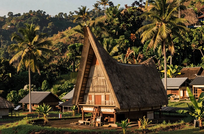 Traditional Timorese uma lulik sacred house with peaked thatched roof in a lush tropical East Timor village