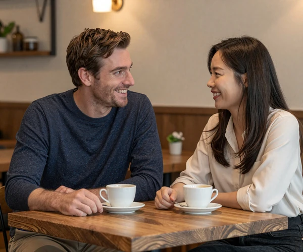 Western man and Korean woman having warm respectful conversation at cozy cafe with coffee