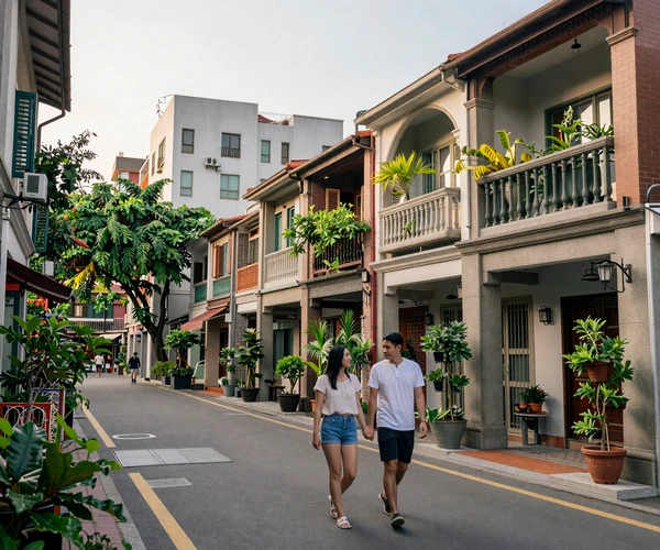 Romantic Taipei street scene with traditional shophouses and modern architecture blending in warm afternoon light