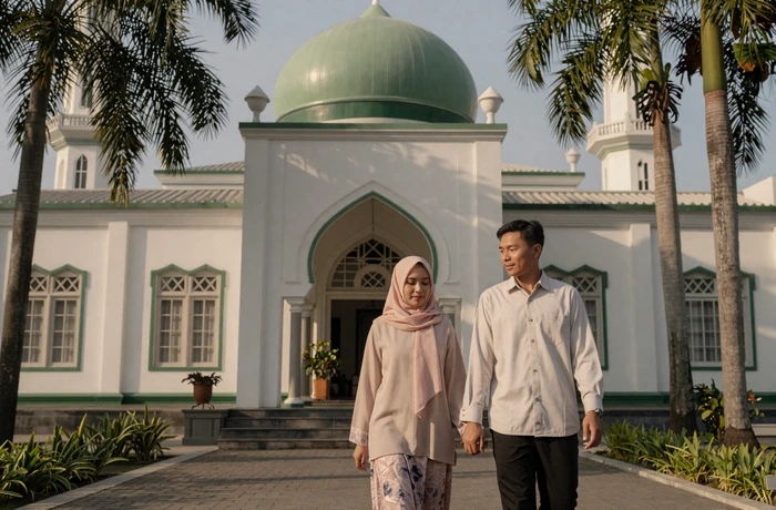 Indonesian couple walking near a beautiful mosque surrounded by tropical palm trees in warm afternoon light