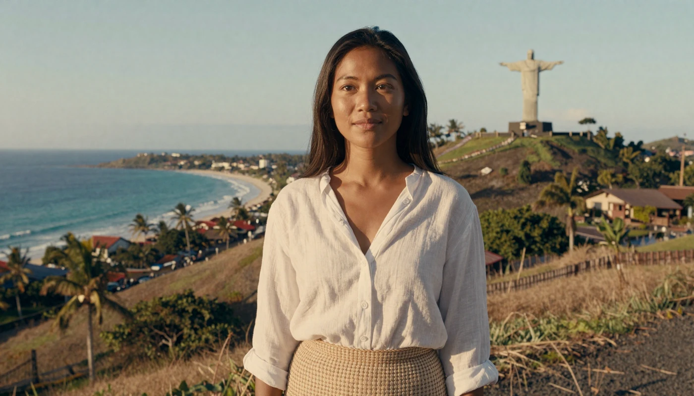 Beautiful Timorese woman in casual attire overlooking the tropical coast of Dili East Timor at golden hour