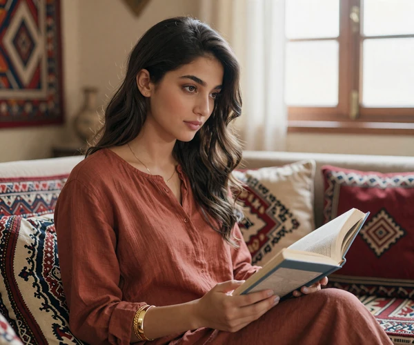 Afghan woman in casual attire reading in a cozy living room decorated with traditional Afghan textiles