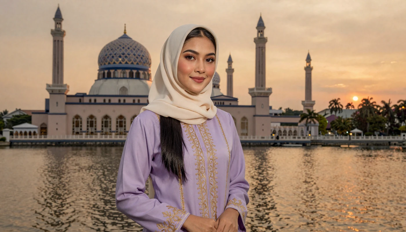 Elegant Bruneian woman in lavender baju kurung standing before the Sultan Omar Ali Saifuddien Mosque in Bandar Seri Begawan at golden hour