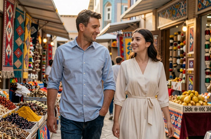 Western man and Uzbek woman walking together through Tashkent Chorsu Bazaar surrounded by colorful spice stalls