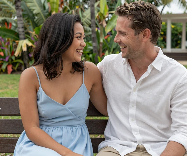 Happy Western man and Asian woman couple laughing together in a park setting