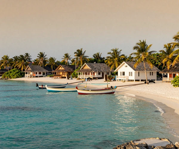 Picturesque Maldivian island village with traditional white coral houses and colorful fishing dhoni boats
