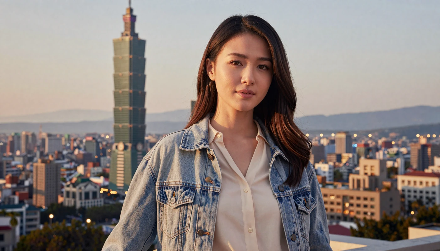 Stylish Taiwanese woman standing at Taipei rooftop with city skyline and Taipei 101 at golden hour