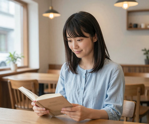 Japanese woman reading at a minimalist Tokyo coffee shop with warm natural lighting