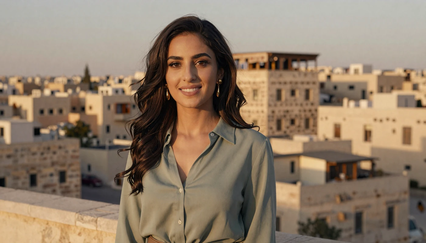Elegant Jordanian woman in sage green blouse standing on rooftop terrace overlooking Amman cityscape at golden hour