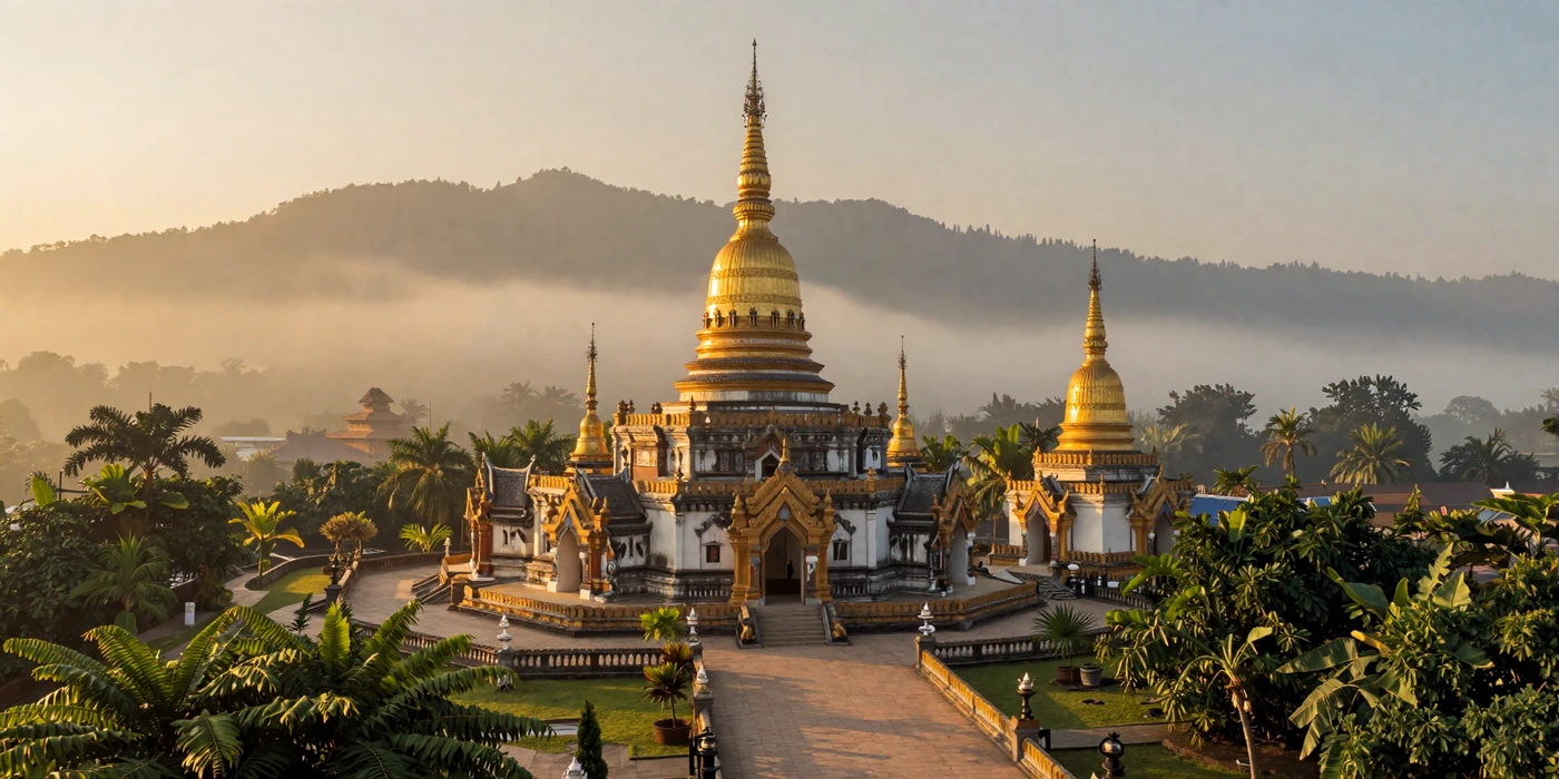 Stunning Asian temple complex at sunrise with golden pagodas and misty mountains representing top Asian countries for marriage