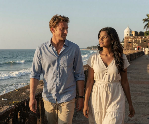 Western man and Sri Lankan woman walking together along Galle Fort ramparts at golden hour