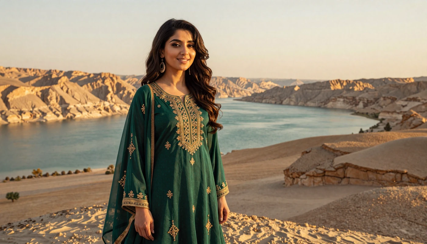 Beautiful Afghan woman in elegant emerald embroidered dress standing before Afghanistan's Band-e-Amir lakes at golden hour