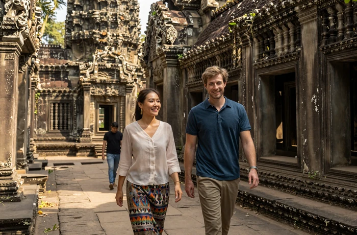 Western man and Cambodian woman walking together through the ancient stone corridors of Angkor Thom temple at golden hour