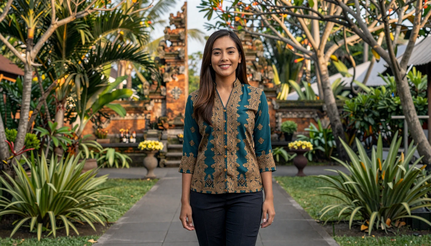 Beautiful Indonesian woman in elegant batik blouse standing in a tropical garden with frangipani flowers at golden hour