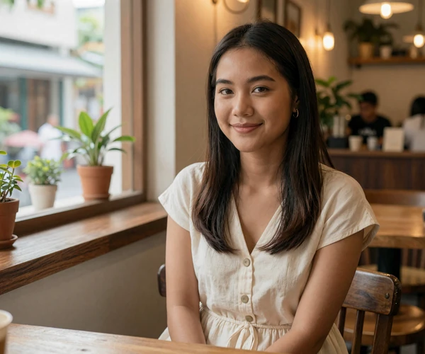 Thai woman in casual ivory dress smiling warmly at a cozy Bangkok coffee shop