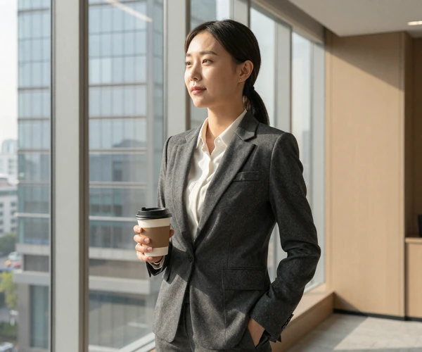 Professional Korean woman in tailored blazer holding coffee at a modern Gangnam office with city views