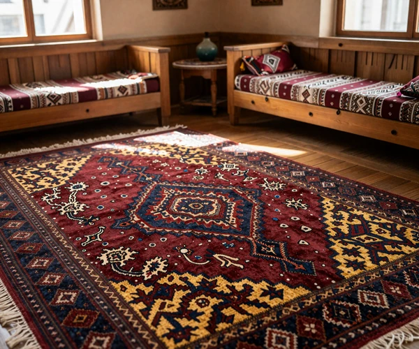Intricate handwoven Turkmen carpet with traditional deep red and gold geometric patterns in a sunlit home