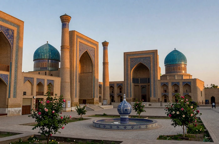 Historic blue-tiled domes and minarets of Bukhara Uzbekistan at golden hour with traditional courtyard