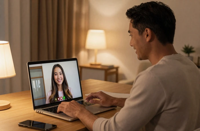 Western man having a warm video chat with a Burmese woman on his laptop in a cozy home office setting