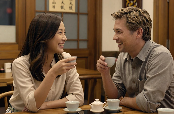 Western man and Taiwanese woman laughing together at a cozy Taipei teahouse during a romantic first date