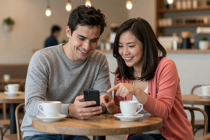 Interracial couple learning each other's language together at a cozy cafe