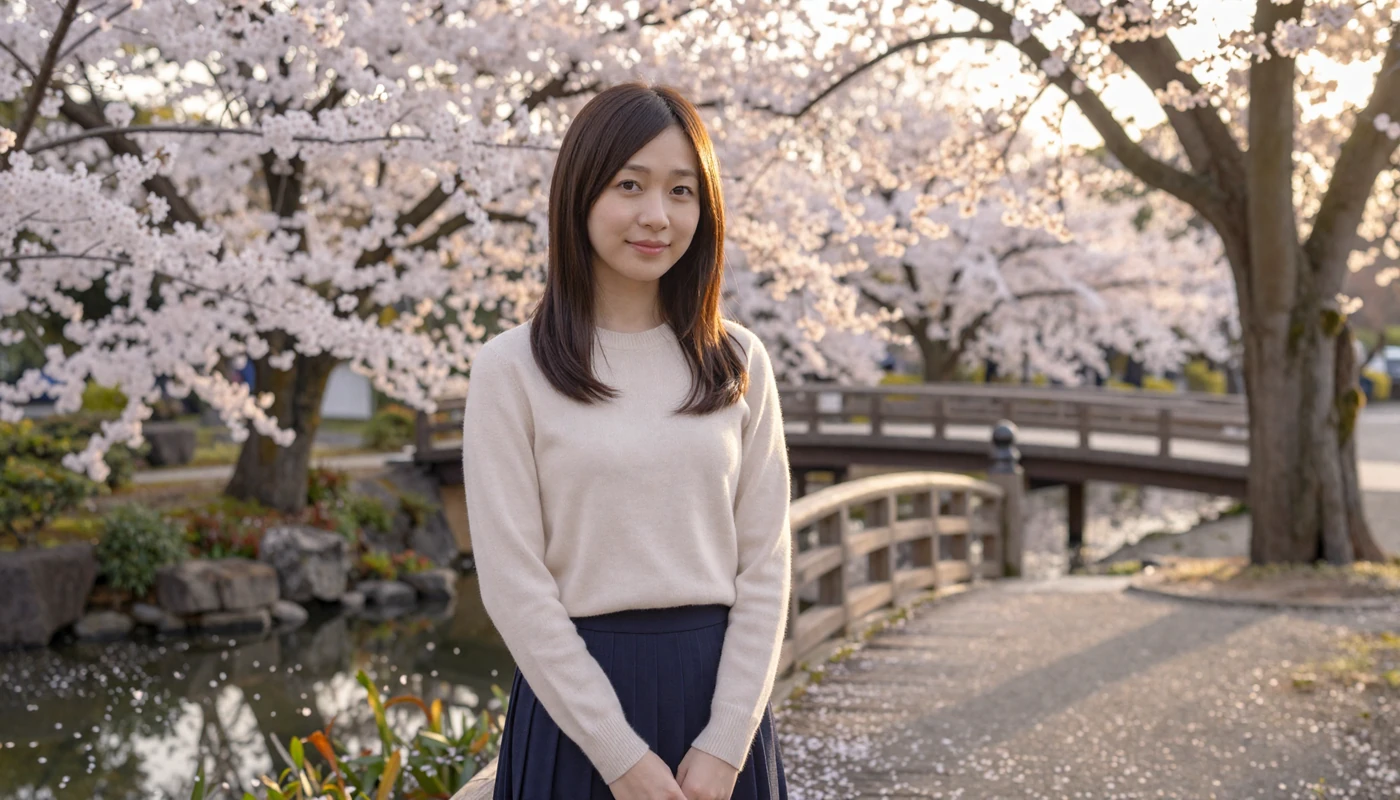 Beautiful Japanese woman in elegant casual outfit standing near cherry blossoms in a serene Tokyo garden at golden hour