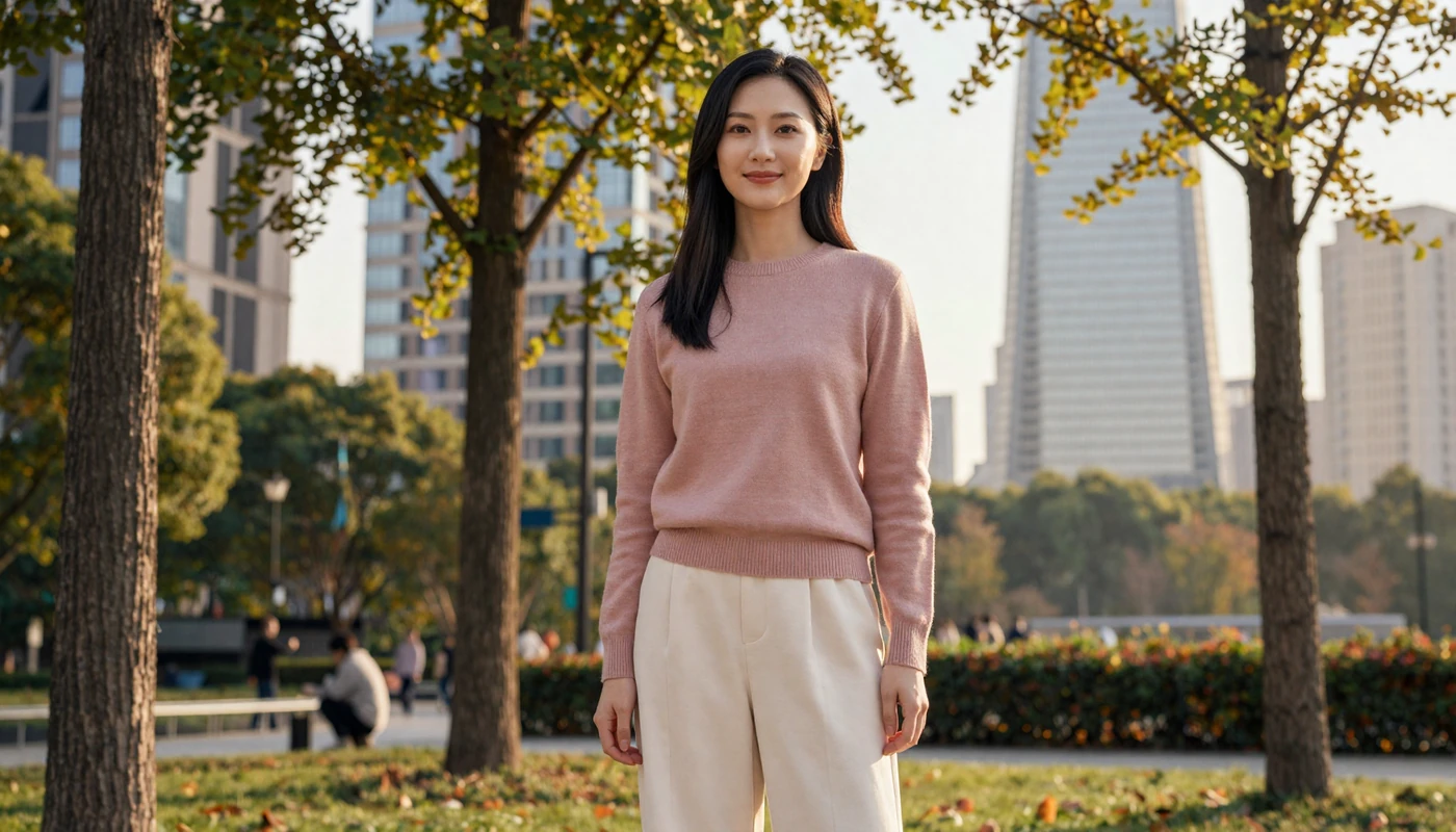 Elegant Chinese woman in casual stylish outfit standing in a Shanghai urban park at golden hour