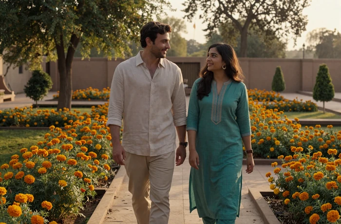Western man and Indian woman walking happily through a beautiful Indian garden with marigold flowers during golden hour