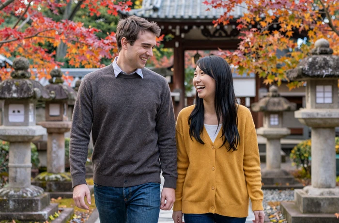 Happy Western man and Japanese woman laughing together in a traditional Kyoto temple garden with autumn foliage