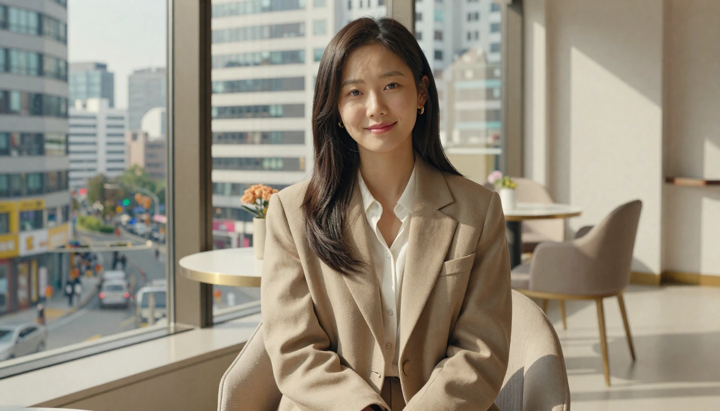 Stylish Korean woman in trendy blazer at a modern Seoul café with Gangnam skyline views