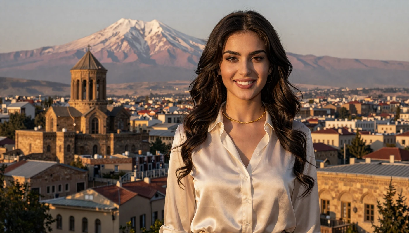 Beautiful Armenian woman in elegant cream blouse standing before Yerevan panorama with Mount Ararat at golden hour