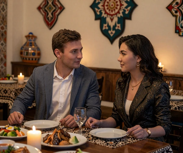 Western man and Kazakh woman enjoying a romantic dinner date at an upscale Almaty restaurant with warm candlelight